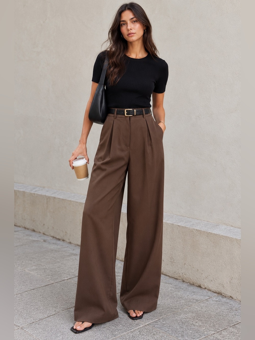 Commense High-Waist Wide-Leg Trousers in Chocolate Brown